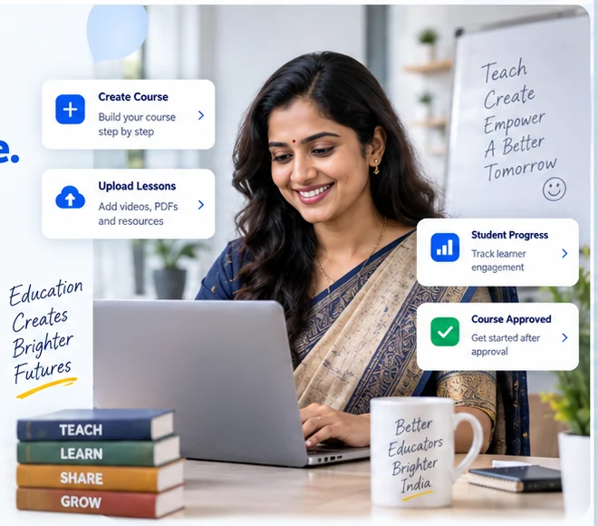 Educator building a professional online course with course creation, lesson upload and learner progress tools